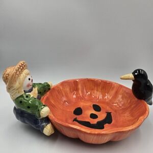 Vintage 90s Halloween Scarecrow & Crow Candy Dish Ceramic Treat Trinket Bowl EUC